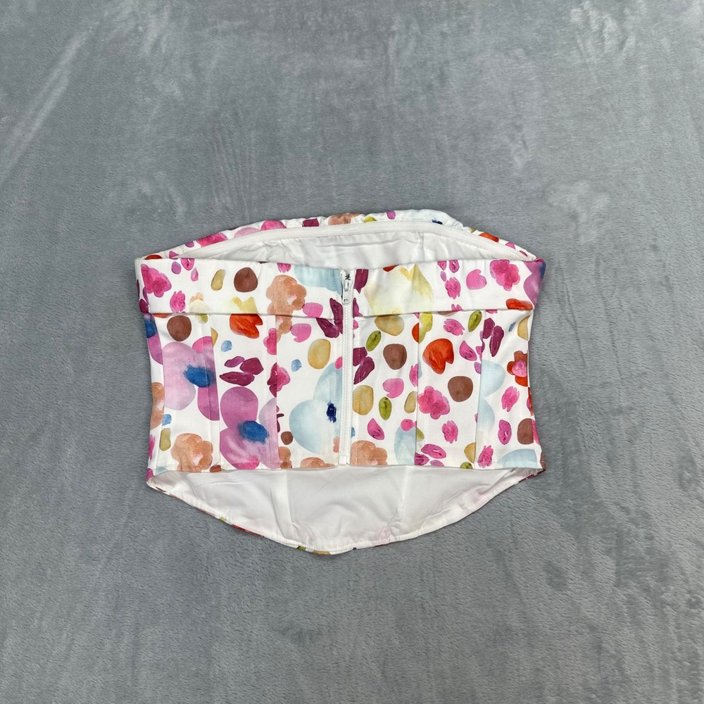 Princess Polly Abstract Floral Watercolor Corset Top Strapless White Pink Size 4 - Picture 2 of 5